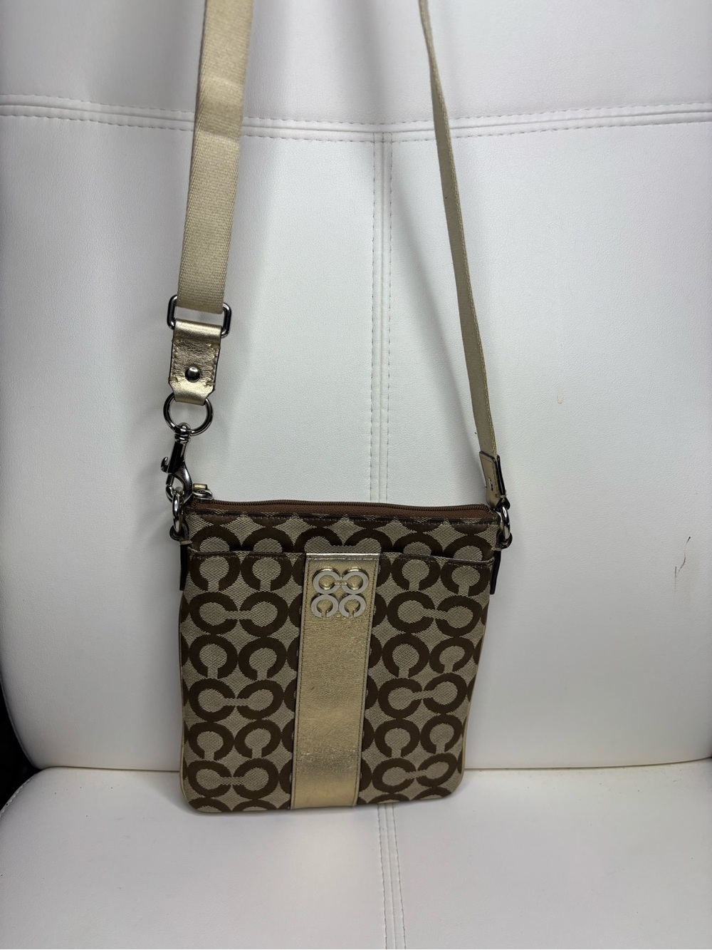 Coach Signature Stripe File Bag / Crossbody Pouch in Brown & Gold - Picture 7 of 16
